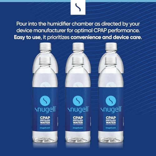 Snugell Travel Size Bottled Distilled Water for CPAP Machines, (6-Pack, 20oz Each) – Up to 12-Day Supply – Multi-Use, Travel-Friendly, Clean, Made in USA
