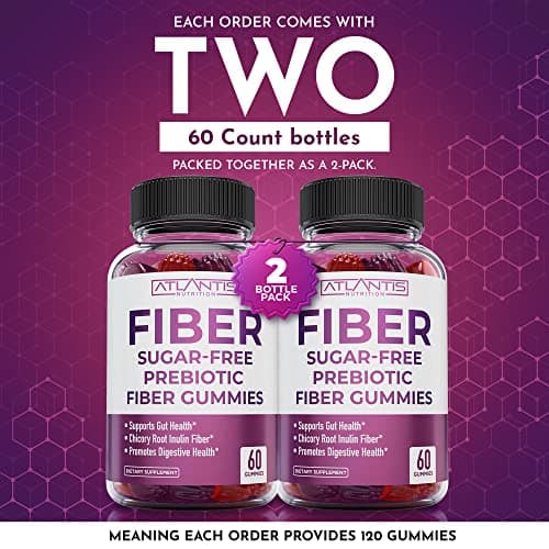 Atlantis Nutrition Sugar Free Fiber Gummies for Adults - 5G Fiber Supplement Formulated with 5.4G Prebiotic Digestive Blend/Serving - Supports Gut Health & Healthy Digestion - 2-Pack 120 Gummies