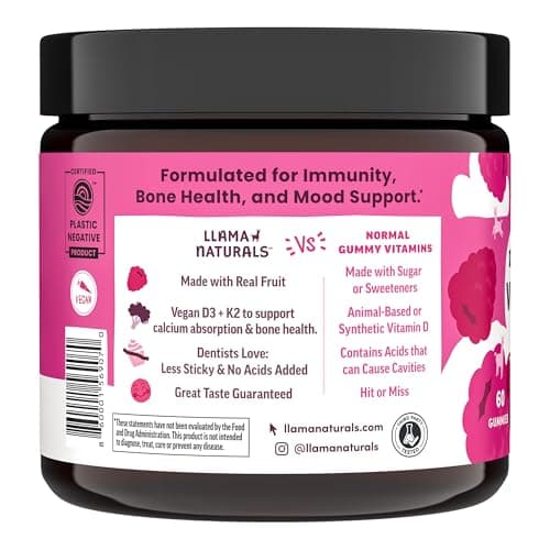 Llama Naturals Vitamin D3, Vegan, Organic Immune Support Supplement, Vitamin D Gummies for Adults and Kids, Real Fruit Gummy Vitamins, Promotes Bone Health, No Added Sugar Cane, Raspberry, 60 Ct
