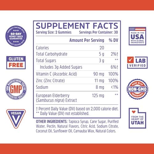 Zhou Elder-Mune Elderberry Gummies with Vitamin C and Zinc - Daily Immune Support Supplement for Women & Men, Chewable Natural Black Elderberry for Adults & Children 4 & Up - 60 Gummies