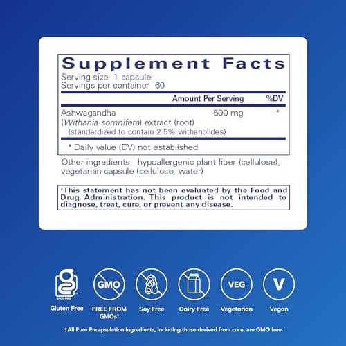 Pure Encapsulations Ashwagandha - 500 mg Ashwagandha Extract - Metabolism & Stress Support - Immune Support - GMO Free & Vegan - 60 Capsules