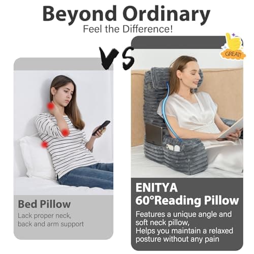 ENITYA 22" XL Back Pillow for Bed Sitting Up, Reading Pillow with Armrests & Big Pockets, Soft Back Support Chair, Ideal for Watching TV, Gaming, Nursing, Resting, Post Surgery, Dark Grey