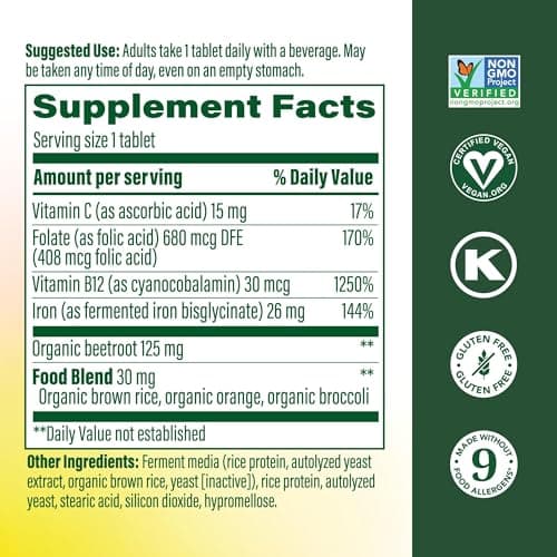 MegaFood Blood Builder Iron Supplement for Women & Men - Increase Iron Levels Without Side Effects - Combats Fatigue - with Vitamin B12, Folic Acid & Vitamin C for Absorption - Vegan - 90 Tablets
