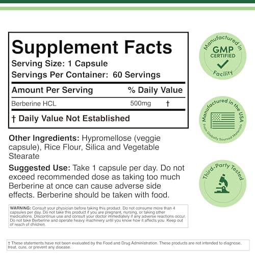 Berberine Supplement 500mg, High Purity 97% HCl, 60 Capsules (Third Party Tested, Non-GMO, Gluten Free, Vegan Safe) AMPK Activator - Berberine HCL for Cardiovascular Health by Double Wood