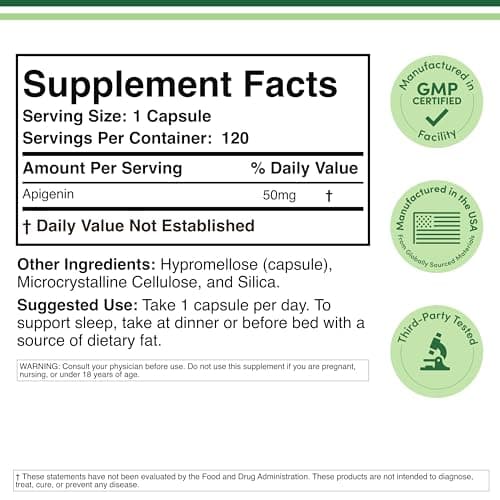 Apigenin Supplement - 50mg per Capsule, 120 Count (Powerful Bioflavonoid Found in Chamomile Tea for Relaxation, Sleep, and Mood) Senolytic Flavonols for Aging (Gluten Free) by Double Wood