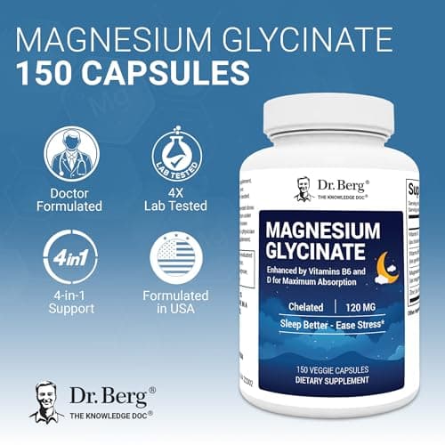 Dr. Berg Magnesium Glycinate 150ct – 4-in-1 Chelated for Muscle, Nerve, Sleep & Stress Support*– w/ D3, B6 & Zinc – 4X Lab-Tested – No Fillers – Formulated in USA, GMP-Certified