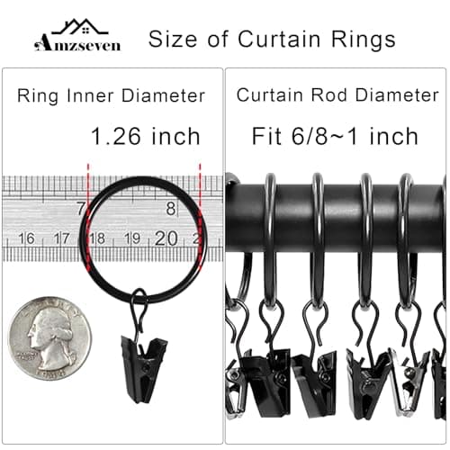 AMZSEVEN 40 Pack Curtain Rings with Clips, Drapery Clips with Rings, Drapes Rings 1.26 in Interior Diameter, Fits up to 1 in Curtain Rod, Black