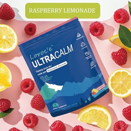 Loroc'e UltraCalm Super Cortisol Reducer Drink, Magnesium Glycinate (30 Servings), L-theanine, Ashwagandha, Vitamin D, No Sugar, Raspberry Lemonade Sleep Aid Powder