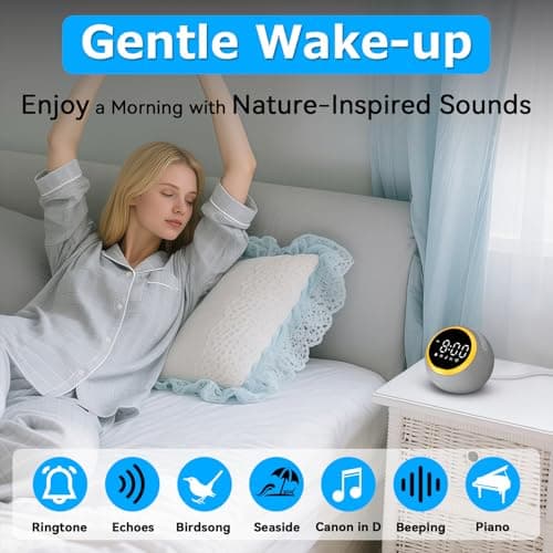 Sound Machine Alarm Clock for Sleep: Digital Alarm Clocks for Bedrooms, 25 Soothing Sounds, 7 Gentle Wake-up Sounds, 16 Adjustable Volume & Timer, Memory Function (Gray)