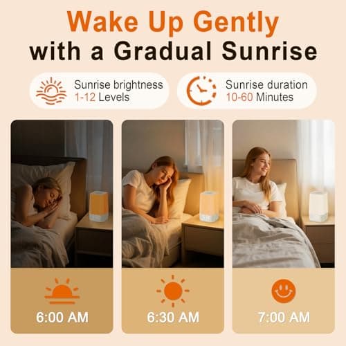 10-60 Mins Simulate Sunrise Alarm Clock: Gentle Wake Up Light Adjustable Brightness, 30-Level Volume, Bright & Loud Enough for Heavy Sleepers - White Noise Machine with 30 Soothing Sounds, Ease of Use