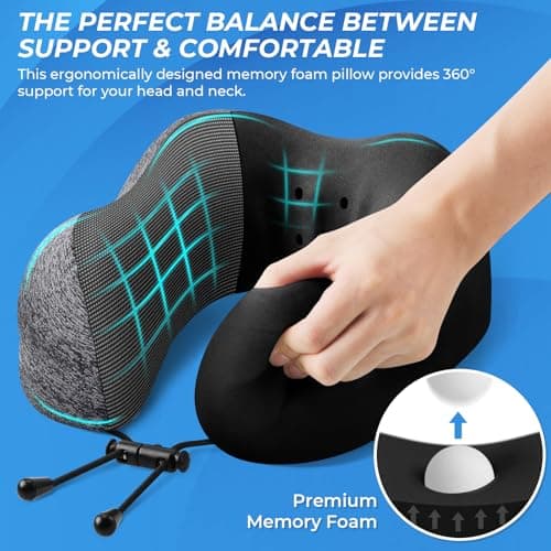 ExploreBliss Travel Pillow, Travel Pillows for Sleeping Airplane, Removable Cover Neck Pillow with Adjustable Clasp, Memory Foam Neck Pillow Set with Eye Mask, Earplugs and Storage Bag (Dark Grey)