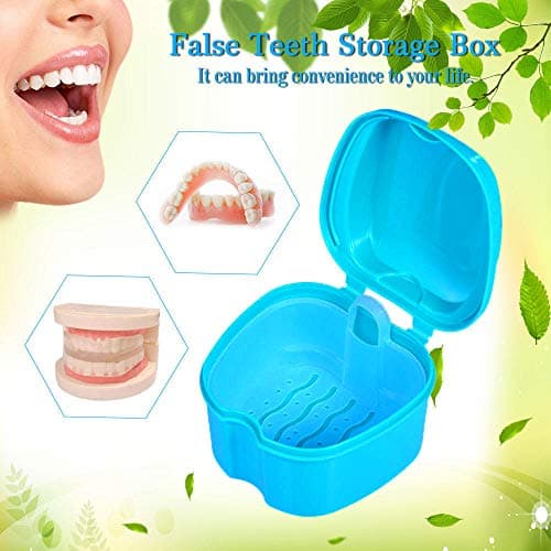 THINKPRICE Denture Bath Box Cup, Complete Clean Care for Dentures, Clear Braces, Mouth Guard, Night Guard & Retainers, Traveling (Navy Blue & Blue)