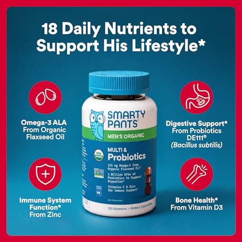 SmartyPants Multivitamin for Men, Organic Gummies: Probiotics, CoQ10, Methylfolate, Omega 3 (ALA), Vitamin D3, C, Vitamin B12, B6, A, K & Zinc for Immune Support, Biotin, 120 Gummies (30 Day Supply)