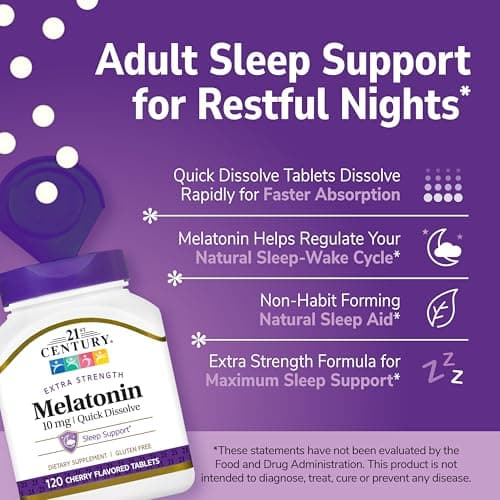 21st Century Melatonin 10mg Extra Strength, 120 Count, Quick Dissolving Sleep Aid for Adults, Promotes Relaxation and Restful Sleep, Non-Habit Forming, Gluten-Free, Cherry Flavor