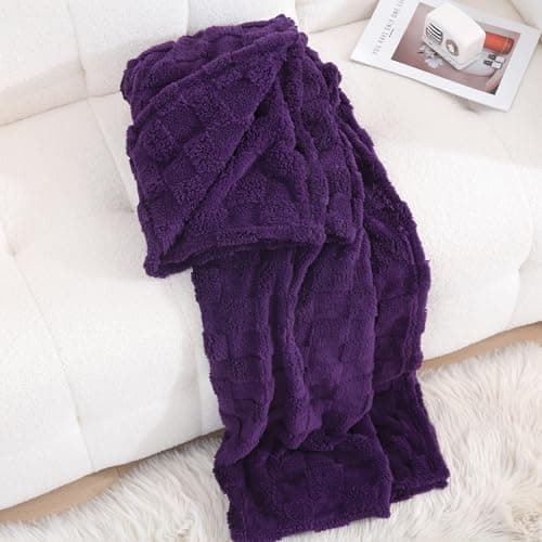 Linecooo Deep Purple Fleece Throw Blanket 50”×60” for Couch Sofa Bed,Super Soft Cozy Plush Microfiber Flannel Blanket with 3D Checkered Design Lightweight for Adults,Woman,Girls