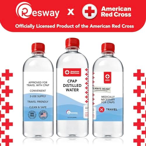 Resway American Red Cross CPAP Distilled Water Travel Bottles for CPAP Humidifier Chambers & Sleep Therapy Equipment | Compatible with ResMed & Respironics Machines | 16.9 oz Bottles (12 Pack)