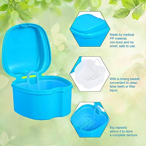 THINKPRICE Denture Bath Box Cup, Complete Clean Care for Dentures, Clear Braces, Mouth Guard, Night Guard & Retainers, Traveling (Navy Blue & Blue)