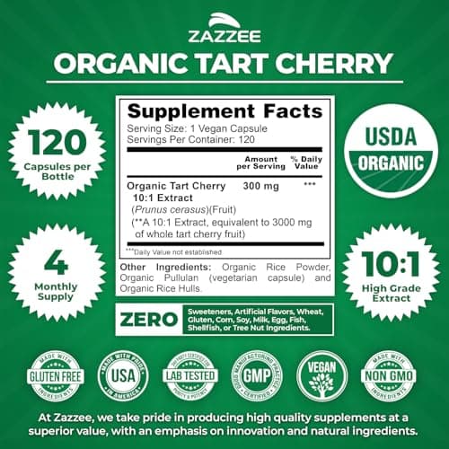 Zazzee USDA Organic Tart Cherry 10:1 Extract, 120 Vegan Capsules, 4 Month Supply, Montmorency Cherry, Daily Wellness Antioxidant Support, Organic Herbal Supplement, All-Natural, Non-GMO, Made in USA
