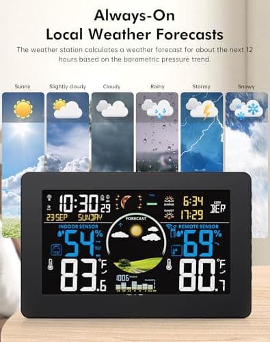 Zivron Weather Station Wireless Indoor Outdoor Thermometer, 7.5" VA Display with Remote Sensor, Home Weather Station with Weather Forecast, Temperature, Humidity, Atomic Clock, Black