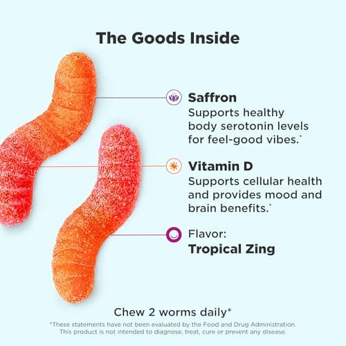 OLLY Hello Happy Gummy Worms, Mood Balance Support, Vitamin D, Saffron, Adult Chewable Supplement, Gluten Free, Tropical Zing - 90 Count