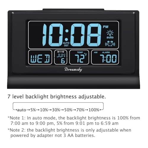 DreamSky Alarm Clocks for Bedrooms with Battery Backup, Auto Set Digital Clock with Date and Day of Week, Temperature, USB Port, Auto DST, Dimmer, 12/24H