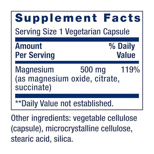 Life Extension Magnesium Caps, 500 mg, Magnesium Oxide, Citrate, and Succinate, Heart Health, Healthy Bones, Metabolism Support, 100 Vegetarian Capsules