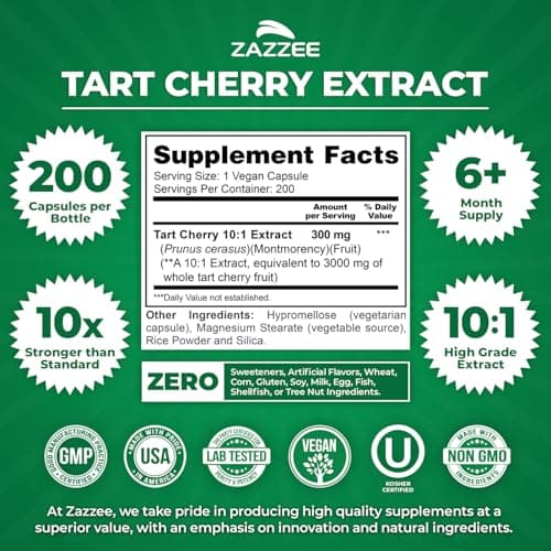 Zazzee Tart Cherry 10:1 Extract, 200 Vegan Capsules, 6+ Month Supply, Montmorency Cherry, Certified Kosher, Joint & Uric Acid Support, Antioxidant Support Formula, Non-GMO, Made in the USA