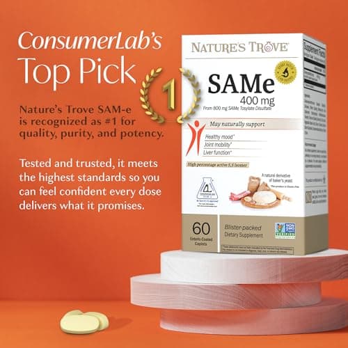 Nature's Trove SAM-e 400mg 120 Enteric Coated Caplets (2 Boxes of 60) - Vegan, Kosher, Non-GMO, Soy Free, Gluten Free - Mood and Joint Comfort - Cold Form Blister Packed