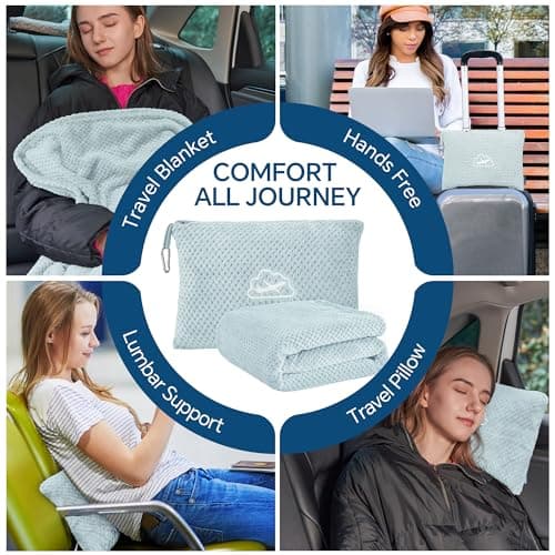 BEDELITE Travel Blanket with Bag, Ultra-Soft Jacquard Fleece Blanket with Luggage Sleeve & Backpack Clip, Airplane Blanket Travel Essentials, Blue