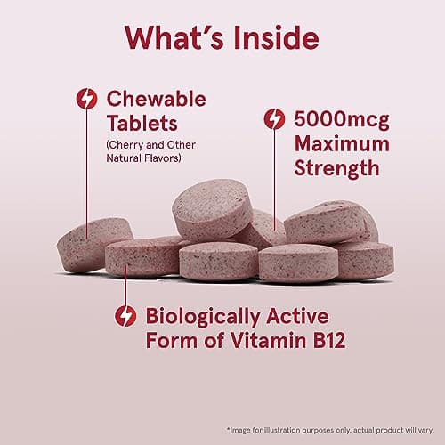 Jarrow Formulas Methyl Vitamin B12 5000 mcg - 60 Chewable Tablets, Naturally Fruit Flavored- Bioactive B12 Vitamin - Supports Cellular Energy Production, Brain Health & Metabolism - 60 Servings