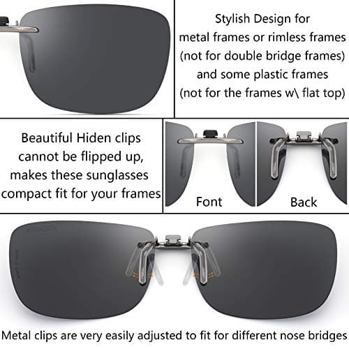 CAXMAN Polarized Clip On Sunglasses Over Prescription Glasses for Men Women Compact Fit Grey Lens Large Size UV Protection