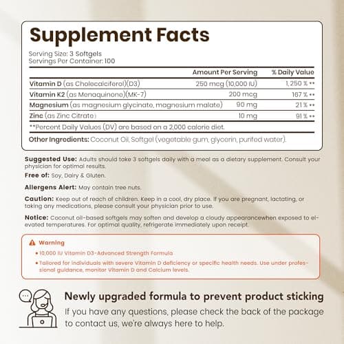 VEV Corefeel Vitamin D3 K2 10,000 IU Magnesium Supplement – with Vitamin D and K (MK-7), Magnesium Glycinate & Malate, Zinc Citrate – 300 Softgels for Energy, Bone & Muscle Support