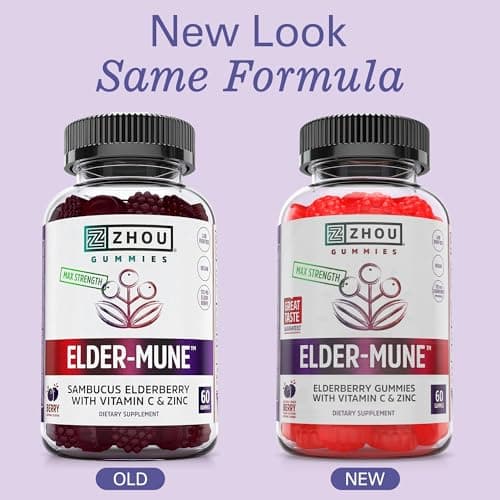Zhou Elder-Mune Elderberry Gummies with Vitamin C and Zinc - Daily Immune Support Supplement for Women & Men, Chewable Natural Black Elderberry for Adults & Children 4 & Up - 60 Gummies