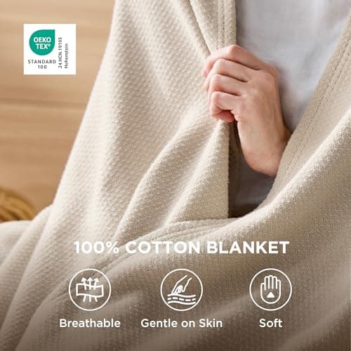 Bedsure GentleSoft 100% Cotton Blanket Queen Size for Bed - Breathable and Lightweight, Soft Cozy Textured Herringbone Woven Summer Blanket for Home Decor, Linen Beige, 90x90 inches
