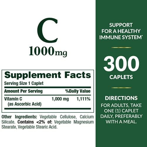 Nature's Bounty Vitamin C 1000mg, Supports Immune and Antioxidant Health, Vitamin C Supplement, 1 Per Day, 300 Vegetarian Caplets