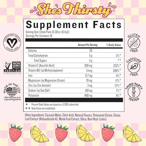 Legendairy Milk She’s Thirsty – Strawberry Lemonade, No Sugar Added Electrolytes Powder Packets–Coconut Water Mix for Women, Instant Hydration Packets, Immune Support, Pregnancy Safe, 18 Ct
