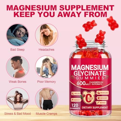 Magnesium Glycinate Gummies 600mg, Sugar Free Magnesium Gummies for Adults, Chewable Potassium Supplements for Body Support, Zzz and Relaxation, 120 Count