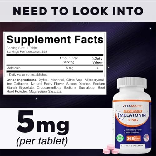 Vitamatic Melatonin 5 mg Tablets | Vegetarian, Non-GMO, Gluten Free | 1 Year Supply | Natural Berry Flavor - 365 Tablets
