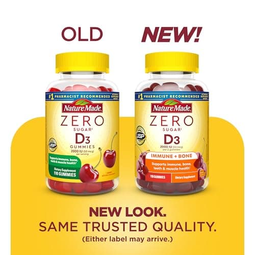 Nature Made Zero Sugar Vitamin D3 Gummies 2000 IU (50 mcg) Per Serving, Bone & Immune Support, Aspartame Free, 110 Vitamin D Gummies, 55 Day Supply
