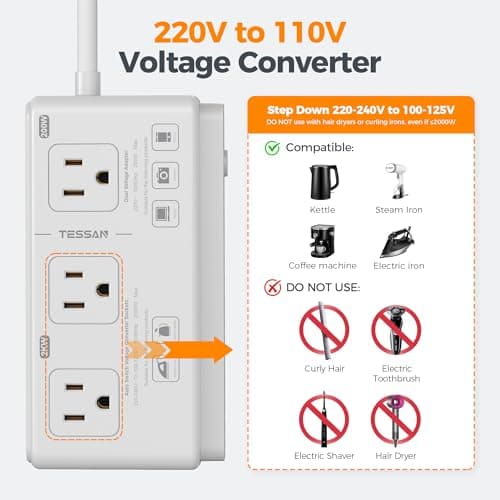 220V to 110V Voltage Converter, TESSAN Universal Travel Adapter with 4 USB Charger (1 USB C), 3 AC Sockets and EU/UK/AU/IT Plug Power Adaptor, Step Down Transformer Outlet Converters for International