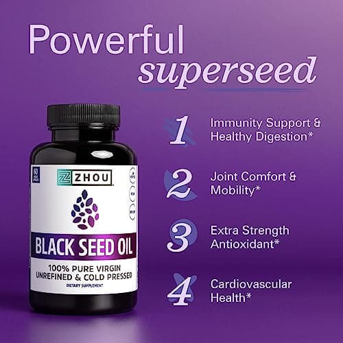 ZHOU Black Seed Oil Capsules - Black Cumin Seed Oil Cold Pressed, Nigella Sativa, Pure Unrefined Blackseed, Premium Supplement for Health, Hair & Skin w/Thymoquinone - 60 Capsules (Pack of 1)