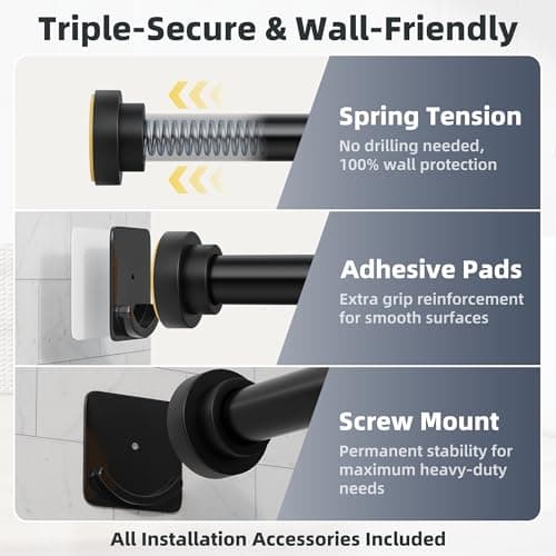 STARLATTA Long Tension Shower Curtain Rod 31-120 Inch (10ft): 1.1" Dia Rustproof Stainless Steel, No Drilling Heavy Duty, Adjustable Room Divider for Bathroom Window, Matte Black