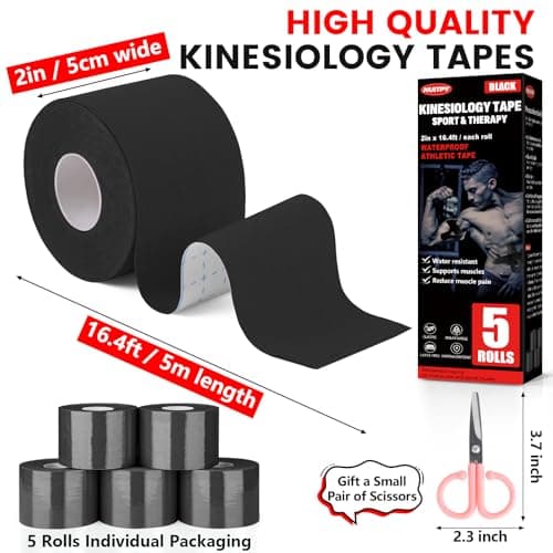 5 Rolls Kinesiology Tape, 2 inch x 16.4 Feet Waterproof Athletic Tape, Uncut Kinetic Tape, Muscle Tape, Sports Tape, Knee Tape for Exercise and Daily Use - Black