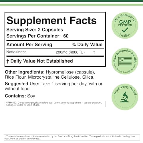 Nattokinase Supplement 4,000 FU Servings, 120 Capsules (Derived from Japanese Natto) Systemic Enzymes for Cardiovascular and Circulatory Support by Double Wood