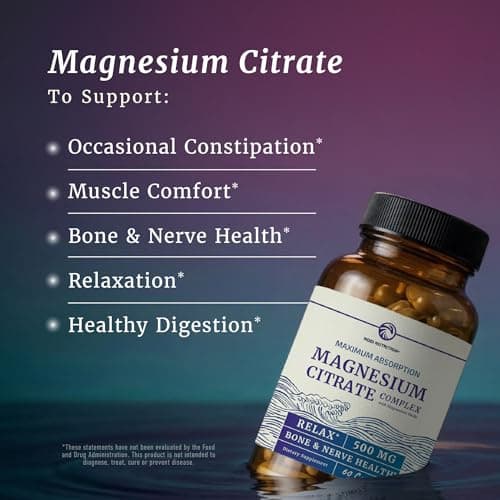 Magnesium Citrate Complex 500 MG for Constipation & Digestion Support | High Absorption Magnesium Supplement | Citrato de Magnesio | Calm & Relaxation | Non-GMO Soy-Free | 60 Mag Citrate Capsules