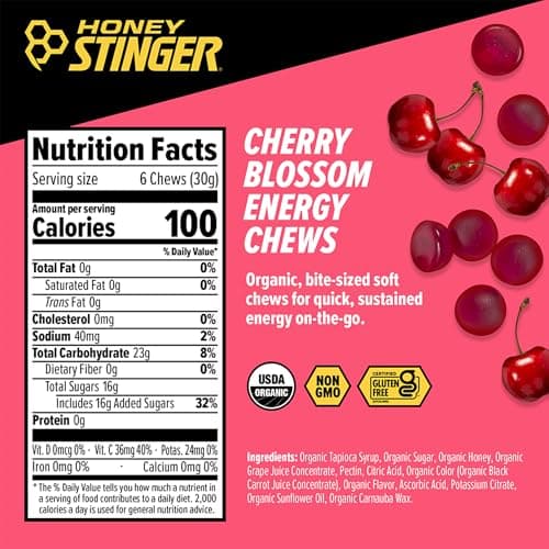 Honey Stinger Organic Cherry Blossom Energy Chew, Gluten Free & Caffeine Free, for Exercise, Running and Performance, Sports Nutrition for Home & Gym, Pre and Mid Workout, 21.6 Ounces (Pack of 12)