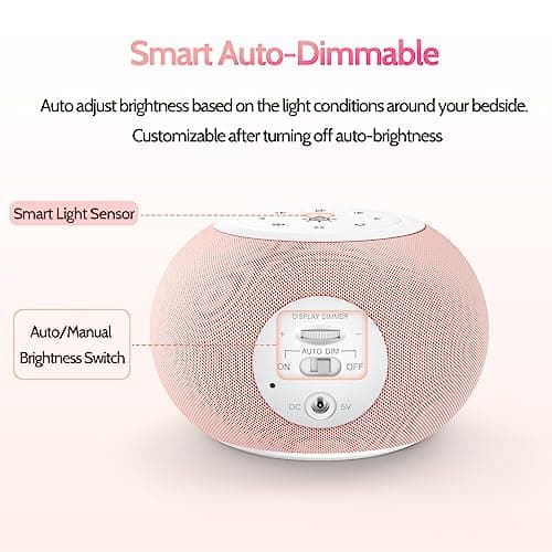 Reacher Auto Dimmable Sound Machine Alarm Clock with Night Lights, 20 Soothing Sounds, Sleep Timer, Precise Volume Control, Cute White Noise Soother for Girls, Kids, Bedrooms, Office
