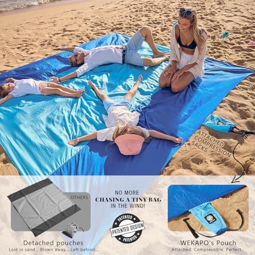 Wekapo Beach Blanket Sandproof, Beach Mat, Big & Compact Sand Free Mat Quick Drying, Lightweight & Durable with 6 Stakes & 4 Corner Pockets, Standard (1~3 person)