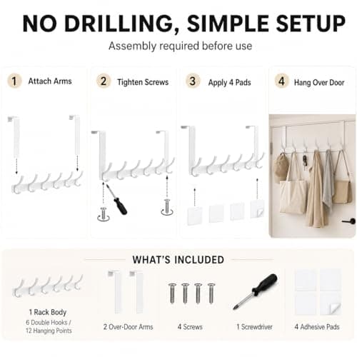 Peasulin Over The Door Hooks, Door Hanger with 12 Coat Hooks, 7.4" Extended Arm Over Door Towel Rack, Aluminum Alloy Rust-Proof, No Drilling, for Bathroom Bedroom Closet Entryway (White)