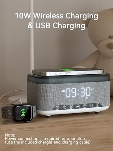 Reatsoc Alarm Clock Bluetooth Speaker with 10w Fast Wireless Charger for iPhone Samsung, 10W Stereo Bluetooth Speaker, 12-Color Night Light, White Noise Machine Digital Clock with FM Radio for Bedroom